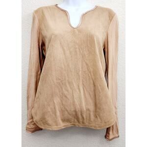 Emma James Tan Beige "Suede" Front Panel V Neck Long Sleeve Top Large Petite